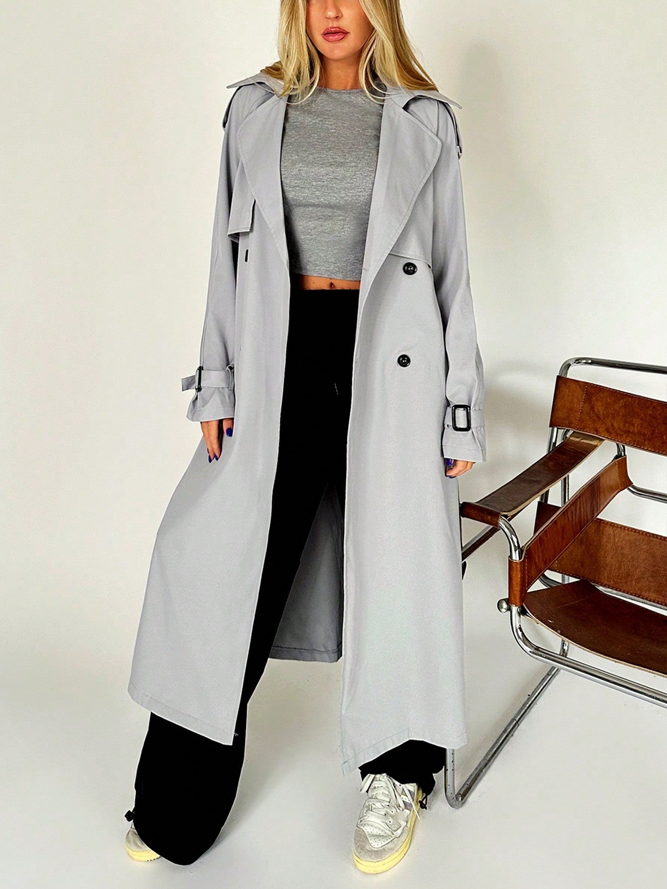 EZwear Lapel Neck Raglan Sleeve Belted Trench Coat - WestLine Apparel