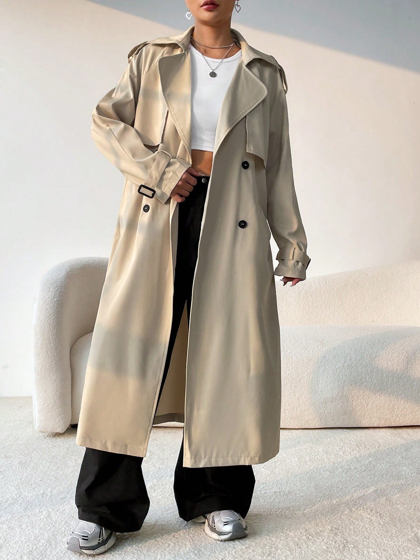 EZwear Lapel Neck Raglan Sleeve Belted Trench Coat - WestLine Apparel