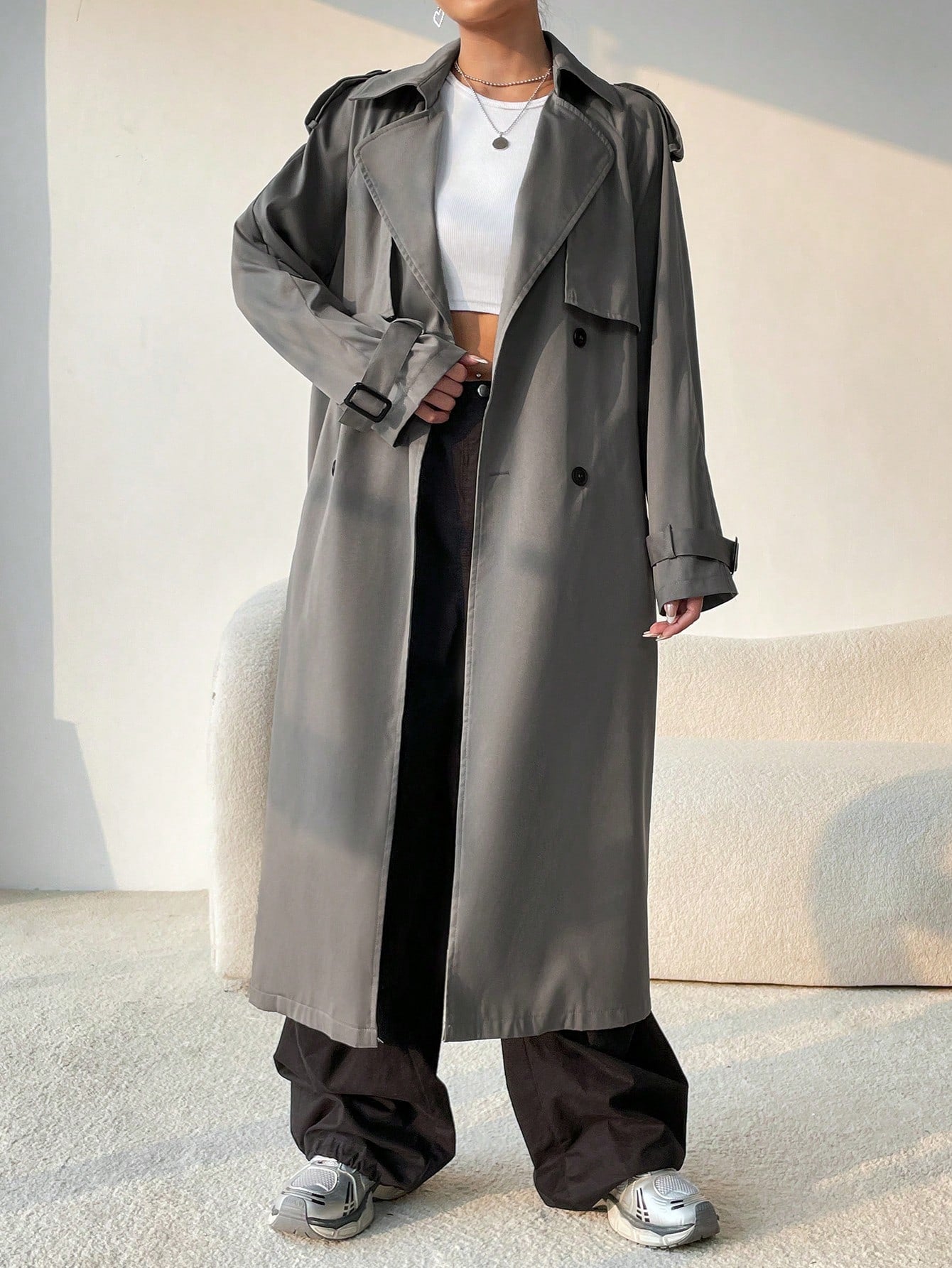 EZwear Lapel Neck Raglan Sleeve Belted Trench Coat - WestLine Apparel