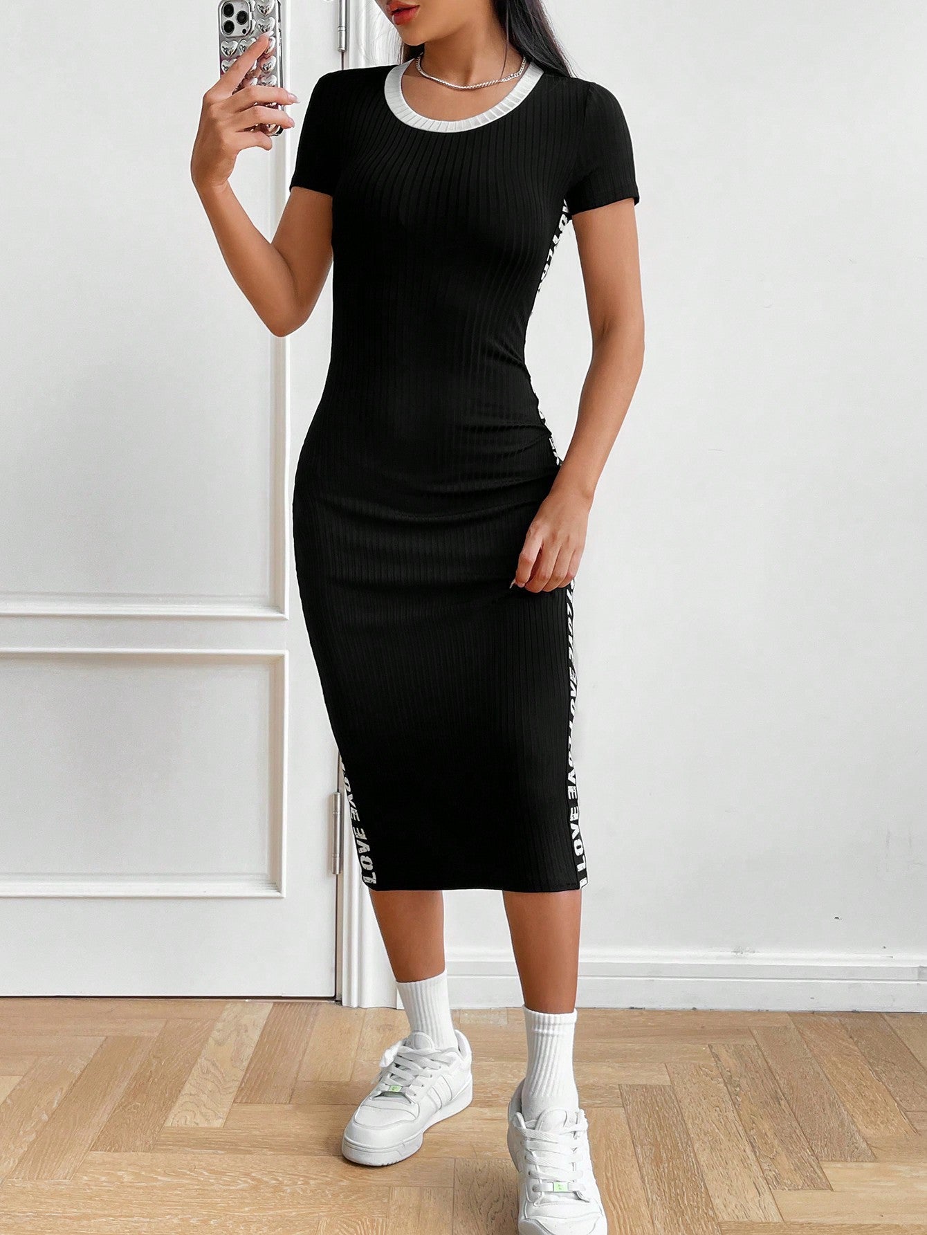 EZwear Long Summer Dress Contrast Letter Tape Side Bodycon Black Dress - WestLine Apparel