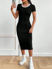 EZwear Long Summer Dress Contrast Letter Tape Side Bodycon Black Dress - WestLine Apparel