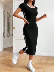 EZwear Long Summer Dress Contrast Letter Tape Side Bodycon Black Dress - WestLine Apparel
