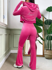 EZwear Rhinestone Letter Pattern Zip Up Velvet Hoodie And Flare Pants Set - WestLine Apparel