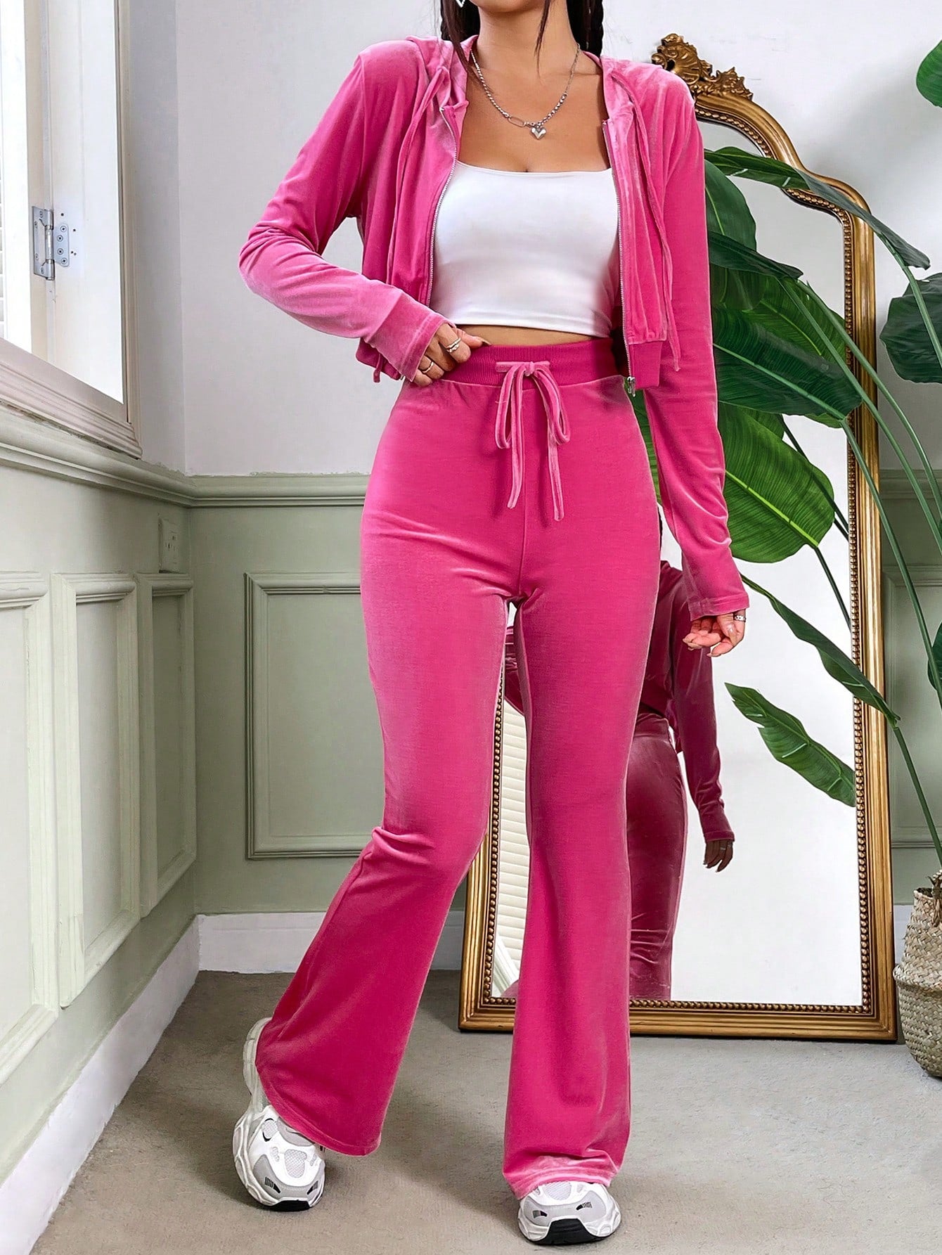 EZwear Rhinestone Letter Pattern Zip Up Velvet Hoodie And Flare Pants Set - WestLine Apparel