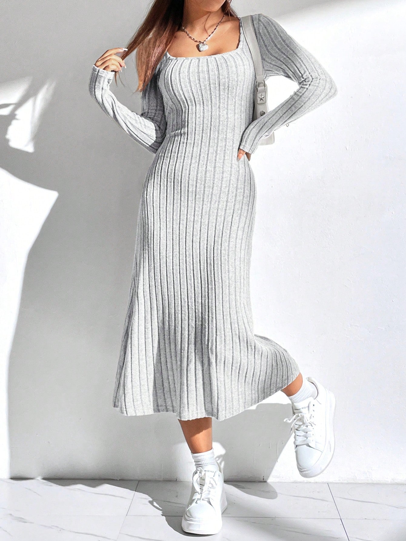 EZwear Women'S Solid Color Rib Knit Sweater Dress - WestLine Apparel