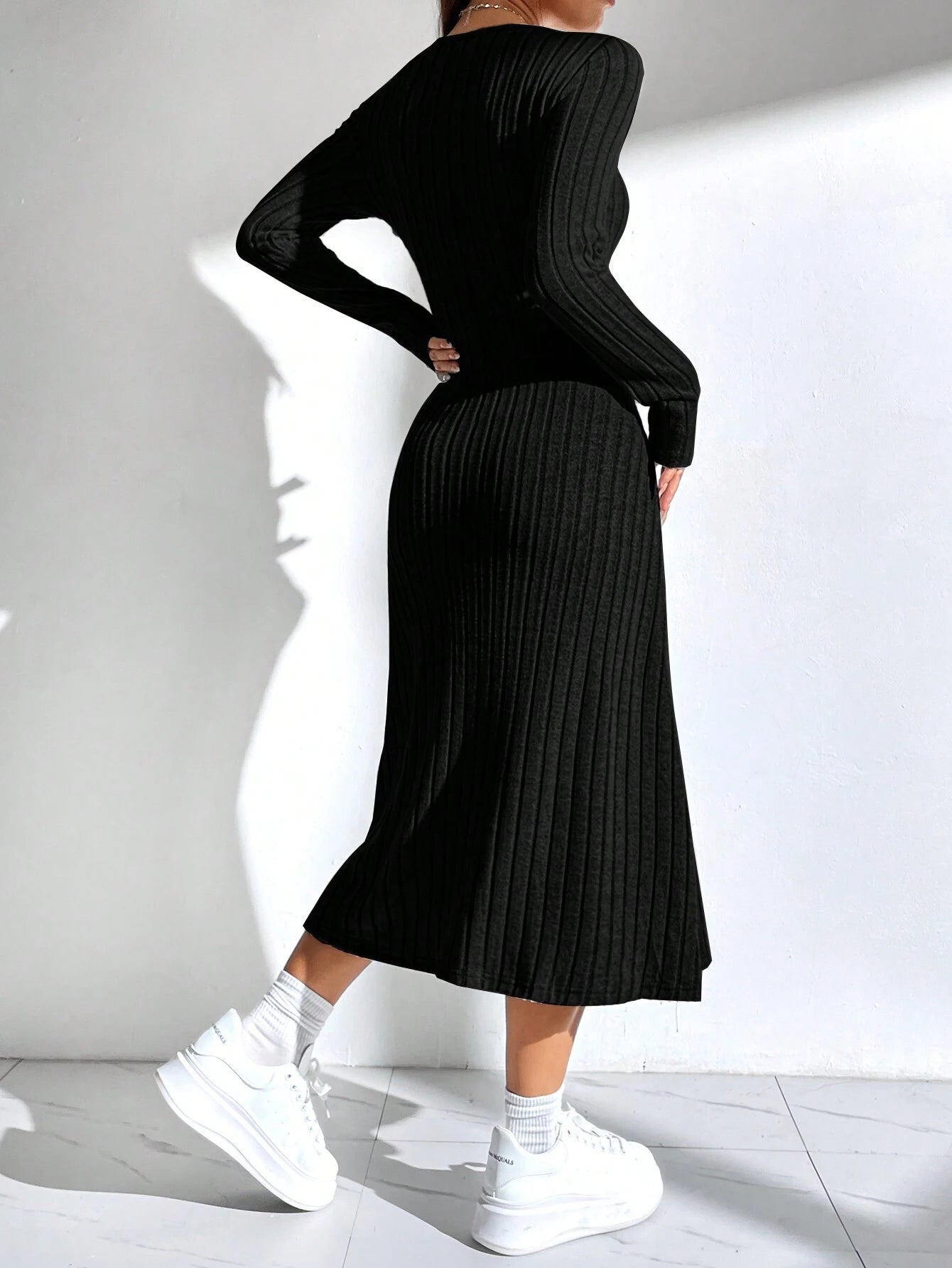 EZwear Women'S Solid Color Rib Knit Sweater Dress - WestLine Apparel