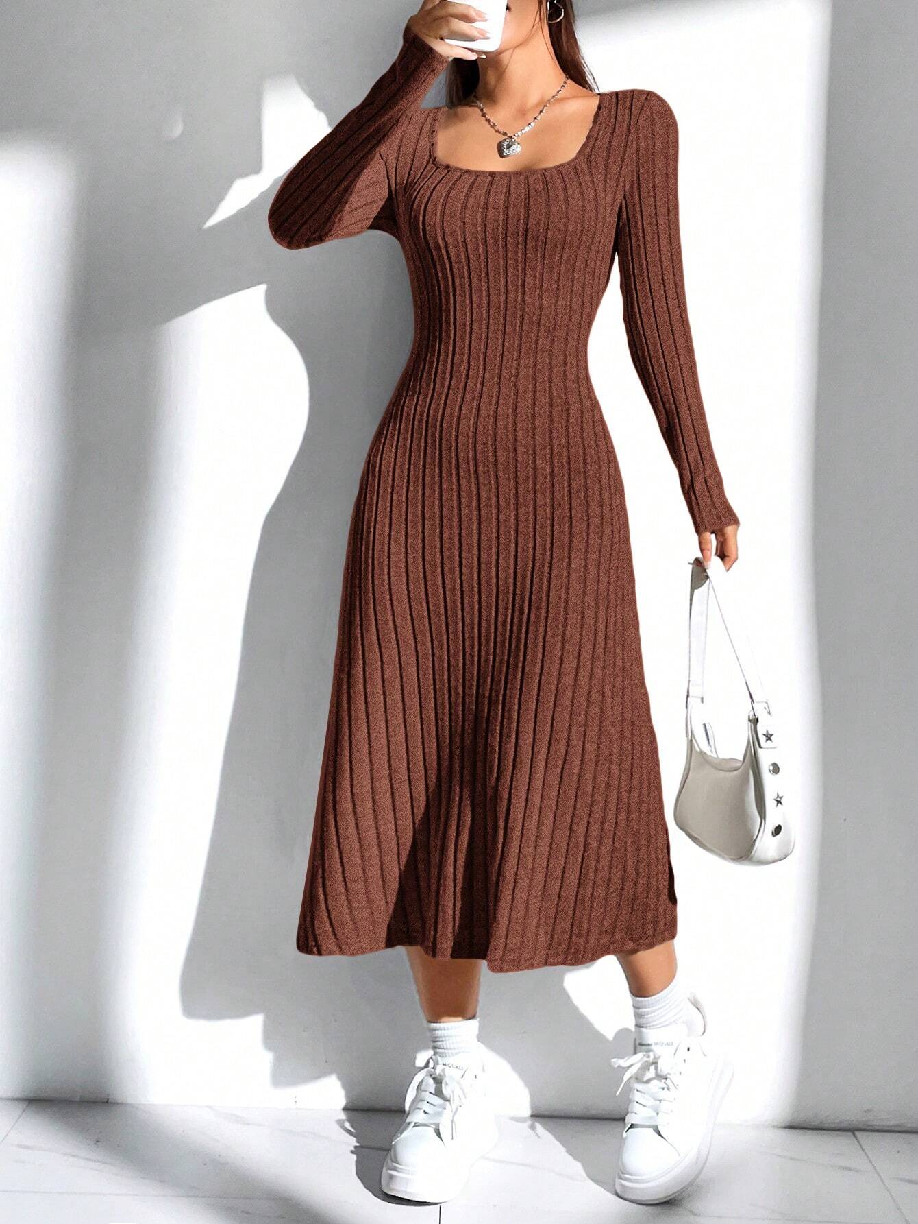 EZwear Women'S Solid Color Rib Knit Sweater Dress - WestLine Apparel
