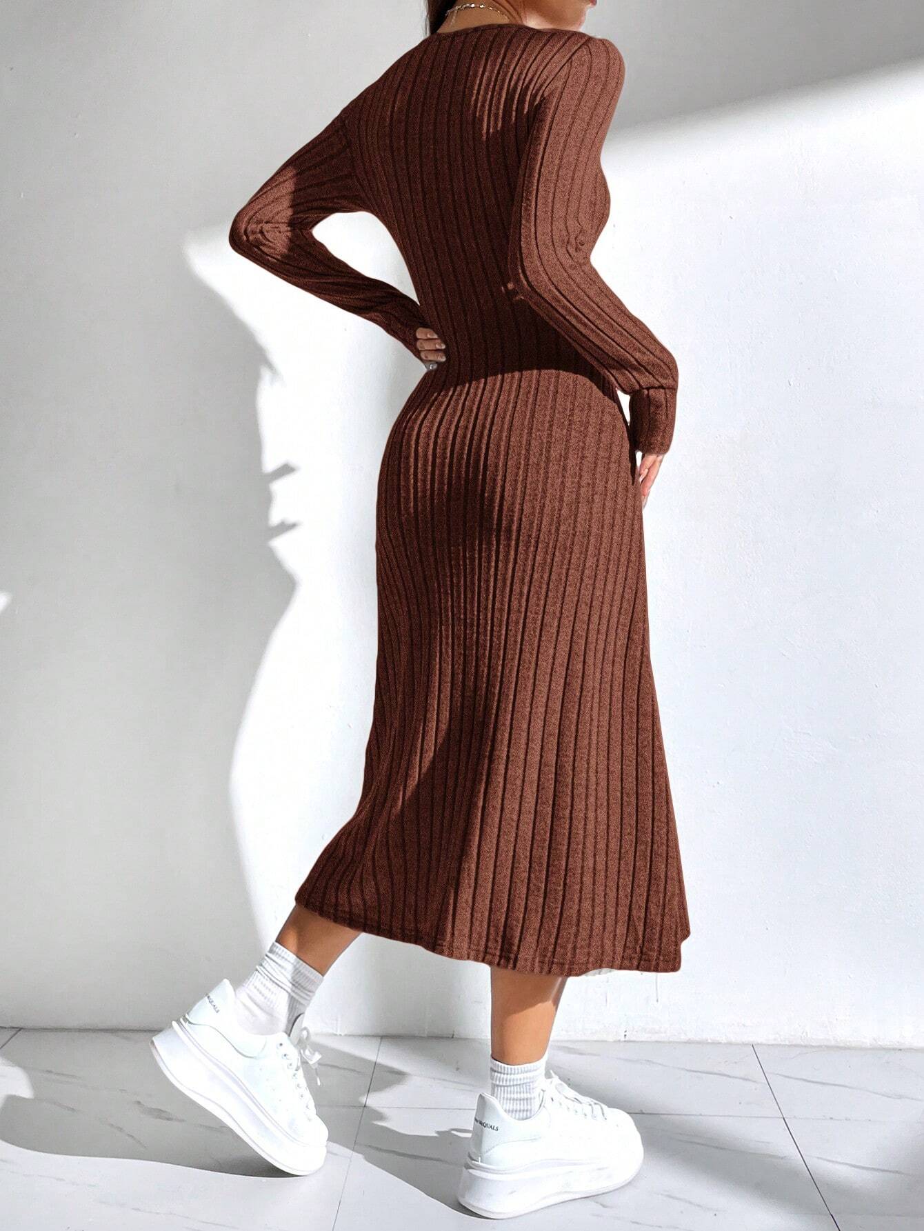 EZwear Women'S Solid Color Rib Knit Sweater Dress - WestLine Apparel