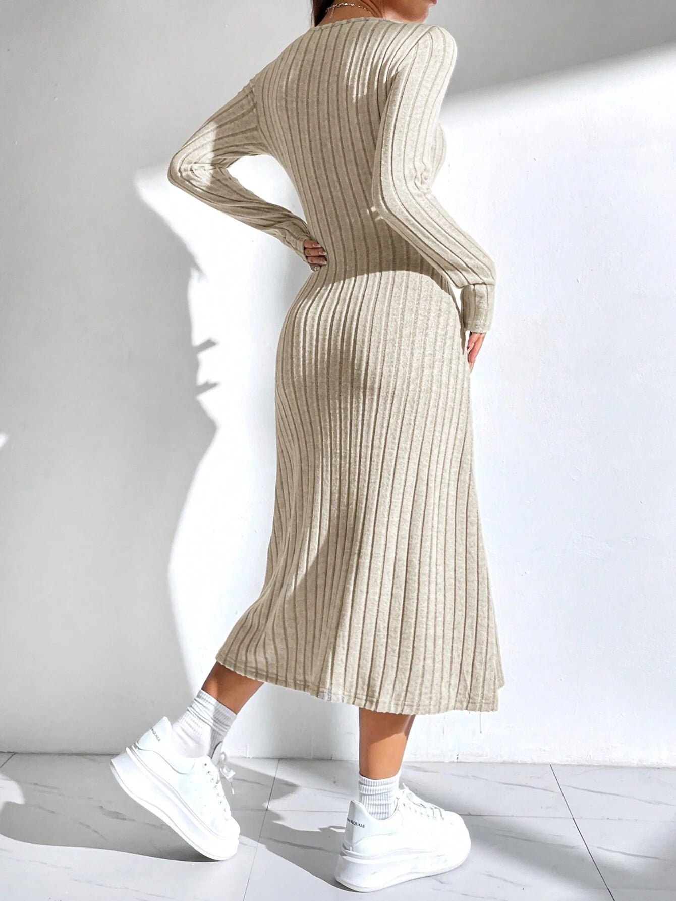 EZwear Women'S Solid Color Rib Knit Sweater Dress - WestLine Apparel