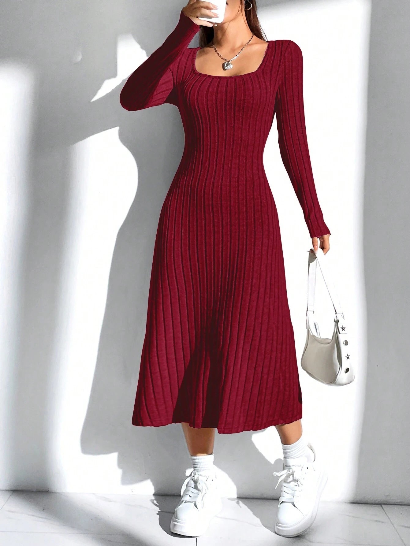 EZwear Women'S Solid Color Rib Knit Sweater Dress - WestLine Apparel