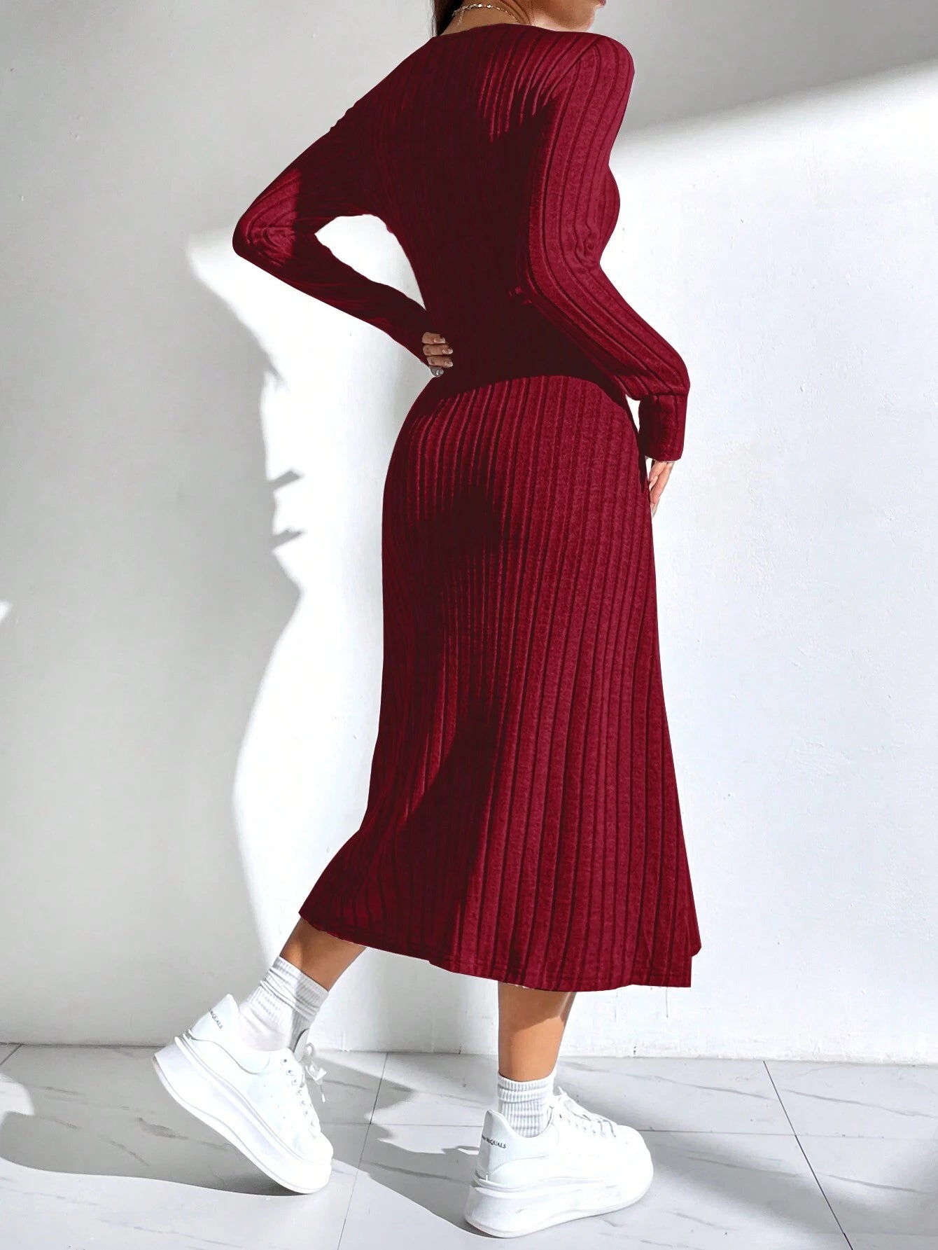 EZwear Women'S Solid Color Rib Knit Sweater Dress - WestLine Apparel