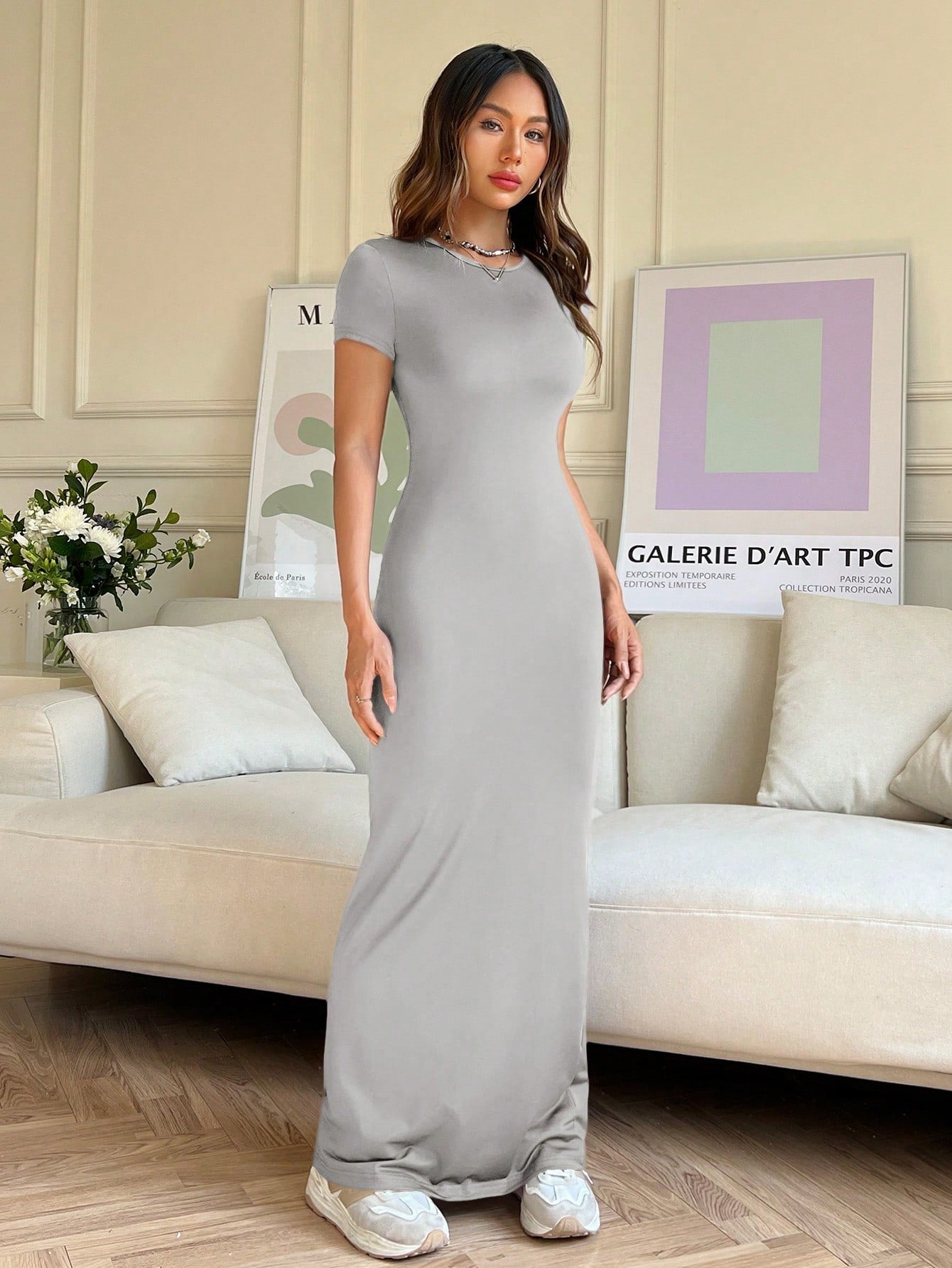 EZwear Women Summer Solid Color Short Sleeve Slim Fit Casual Midi Dress With Round Neck - WestLine Apparel