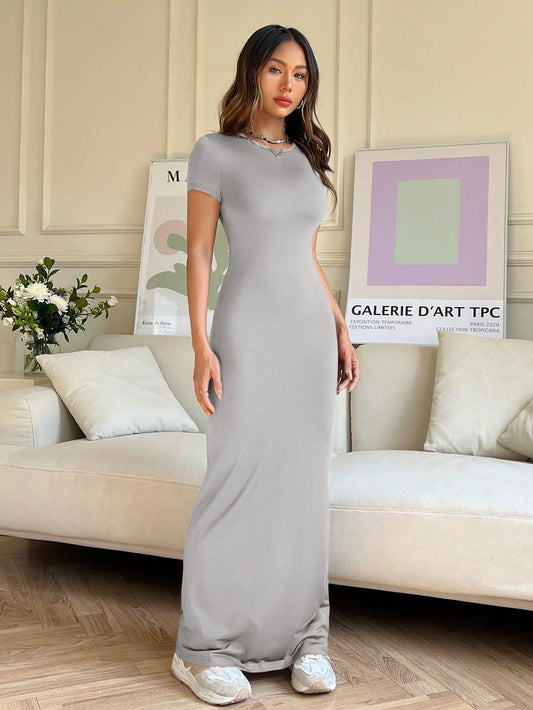 EZwear Women Summer Solid Color Short Sleeve Slim Fit Casual Midi Dress With Round Neck - WestLine Apparel