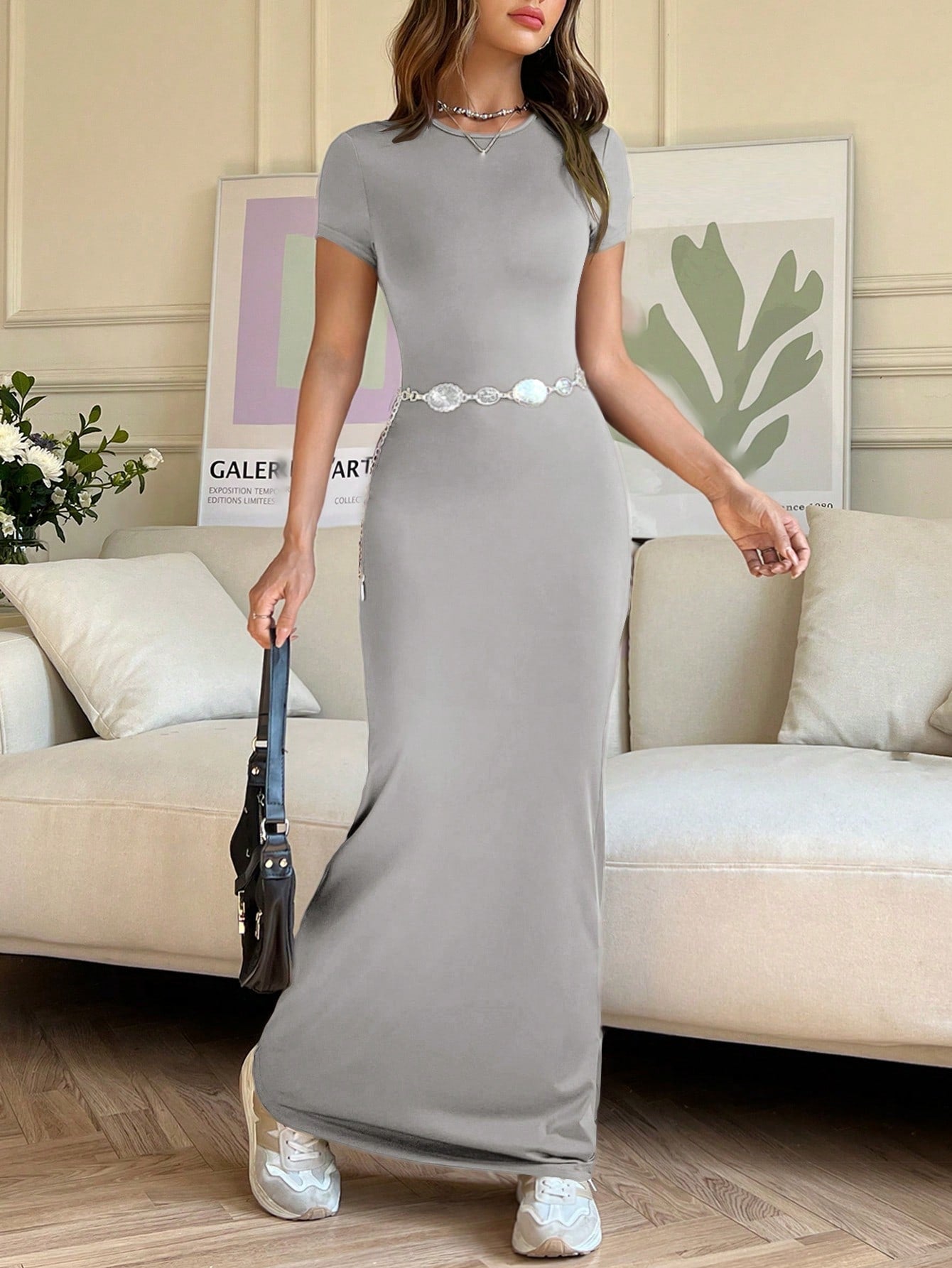 EZwear Women Summer Solid Color Short Sleeve Slim Fit Casual Midi Dress With Round Neck - WestLine Apparel