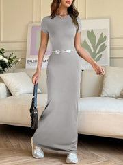 EZwear Women Summer Solid Color Short Sleeve Slim Fit Casual Midi Dress With Round Neck - WestLine Apparel