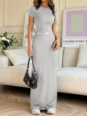 EZwear Women Summer Solid Color Short Sleeve Slim Fit Casual Midi Dress With Round Neck - WestLine Apparel