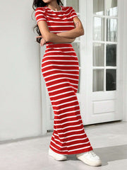 EZwear Women Summer Solid Color Short Sleeve Slim Fit Casual Midi Dress With Round Neck - WestLine Apparel