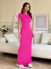 EZwear Women Summer Solid Color Short Sleeve Slim Fit Casual Midi Dress With Round Neck - WestLine Apparel