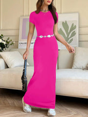 EZwear Women Summer Solid Color Short Sleeve Slim Fit Casual Midi Dress With Round Neck - WestLine Apparel