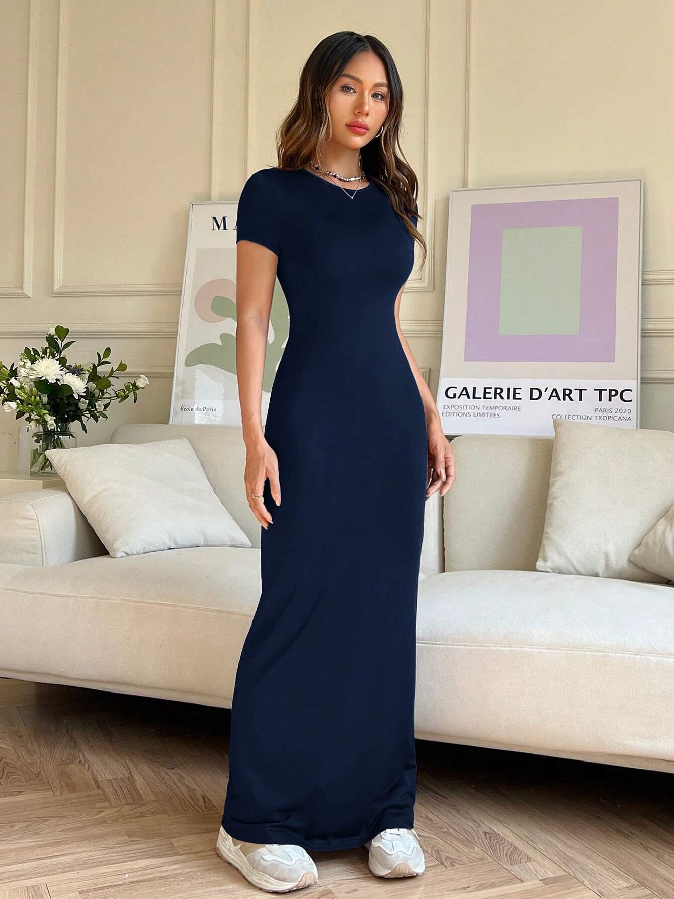 EZwear Women Summer Solid Color Short Sleeve Slim Fit Casual Midi Dress With Round Neck - WestLine Apparel