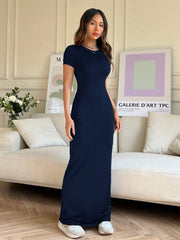 EZwear Women Summer Solid Color Short Sleeve Slim Fit Casual Midi Dress With Round Neck - WestLine Apparel