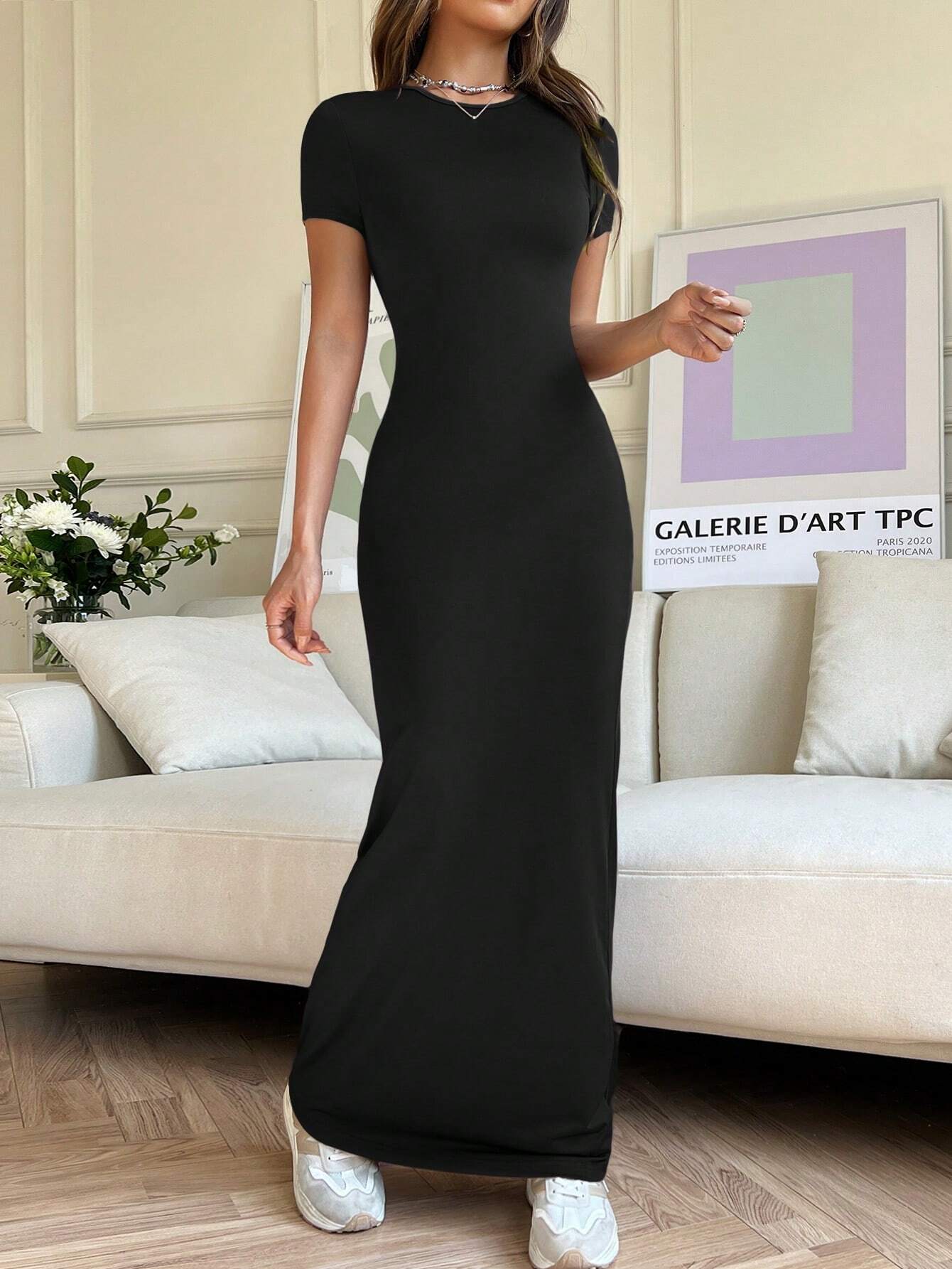 EZwear Women Summer Solid Color Short Sleeve Slim Fit Casual Midi Dress With Round Neck - WestLine Apparel