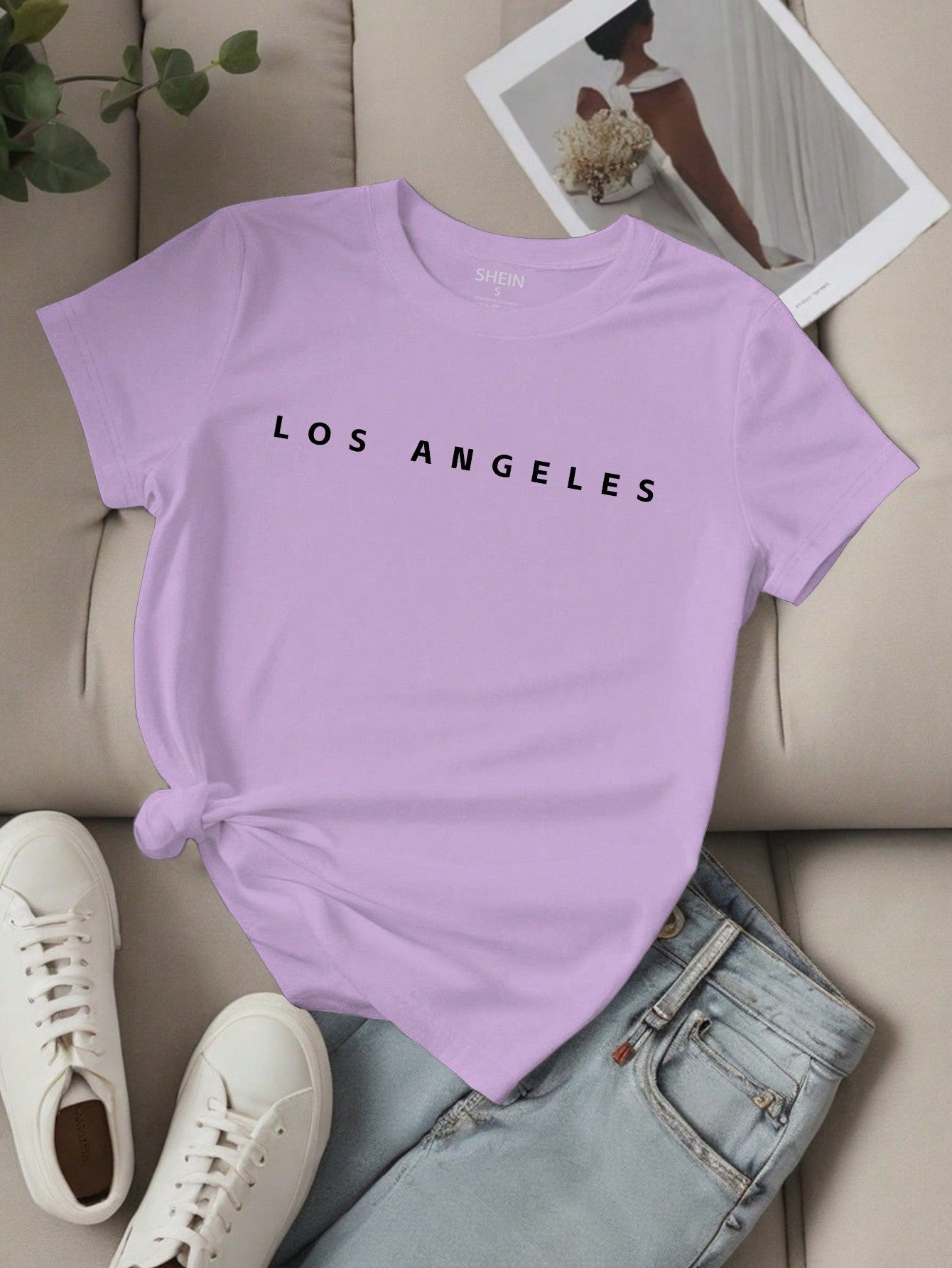 EZwear Women's Letter Printed Short Sleeve Top LOS ANGELES - WestLine Apparel