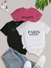 EZwear Women's Letter Printed Short Sleeve Top LOS ANGELES - WestLine Apparel