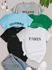 EZwear Women's Letter Printed Short Sleeve Top LOS ANGELES - WestLine Apparel