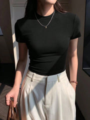 EZwear Women's Summer Solid Color Round Neck Slim Short Sleeve T-Shirt - WestLine Apparel