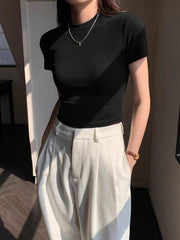 EZwear Women's Summer Solid Color Round Neck Slim Short Sleeve T-Shirt - WestLine Apparel