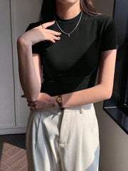 EZwear Women's Summer Solid Color Round Neck Slim Short Sleeve T-Shirt - WestLine Apparel