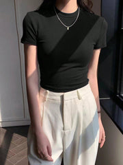 EZwear Women's Summer Solid Color Round Neck Slim Short Sleeve T-Shirt - WestLine Apparel