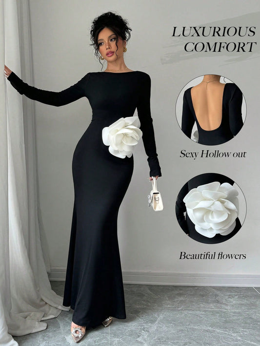 Elenzya 1pc Black Fitted Waist 3D Floral Print Backless Slim Mermaid Maxi Dress - WestLine Apparel