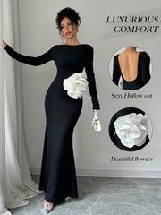 Elenzya 1pc Black Fitted Waist 3D Floral Print Backless Slim Mermaid Maxi Dress - WestLine Apparel