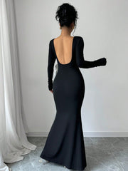 Elenzya 1pc Black Fitted Waist 3D Floral Print Backless Slim Mermaid Maxi Dress - WestLine Apparel