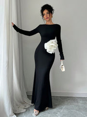 Elenzya 1pc Black Fitted Waist 3D Floral Print Backless Slim Mermaid Maxi Dress - WestLine Apparel