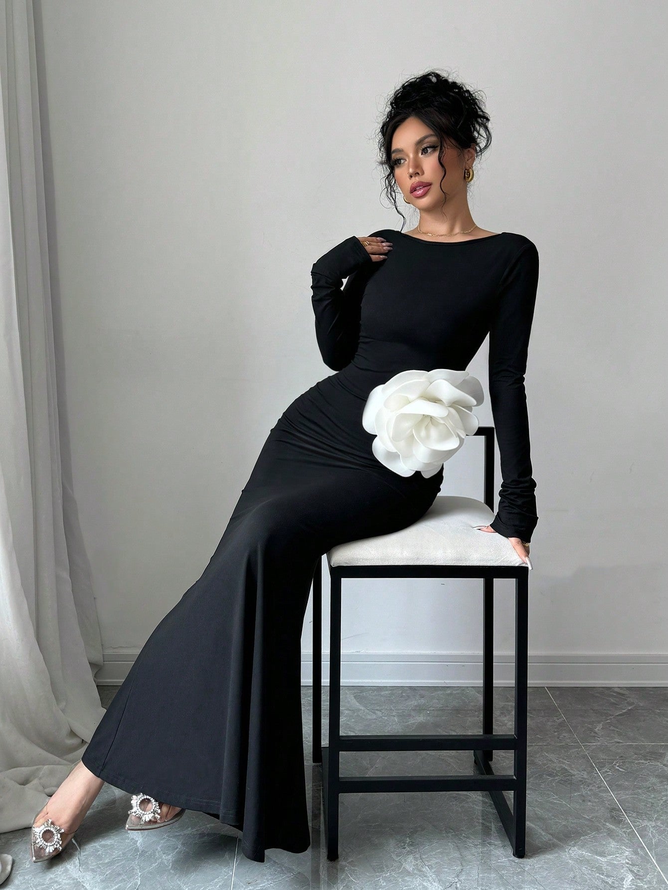 Elenzya 1pc Black Fitted Waist 3D Floral Print Backless Slim Mermaid Maxi Dress - WestLine Apparel