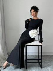 Elenzya 1pc Black Fitted Waist 3D Floral Print Backless Slim Mermaid Maxi Dress - WestLine Apparel