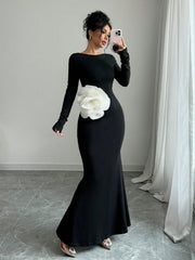 Elenzya 1pc Black Fitted Waist 3D Floral Print Backless Slim Mermaid Maxi Dress - WestLine Apparel