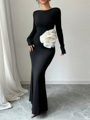 Elenzya 1pc Black Fitted Waist 3D Floral Print Backless Slim Mermaid Maxi Dress - WestLine Apparel