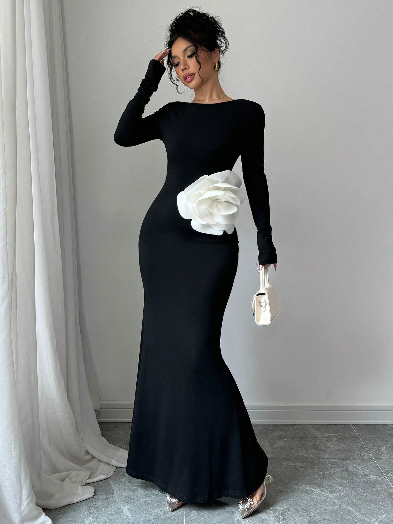 Elenzya 1pc Black Fitted Waist 3D Floral Print Backless Slim Mermaid Maxi Dress - WestLine Apparel