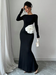 Elenzya 1pc Black Fitted Waist 3D Floral Print Backless Slim Mermaid Maxi Dress - WestLine Apparel
