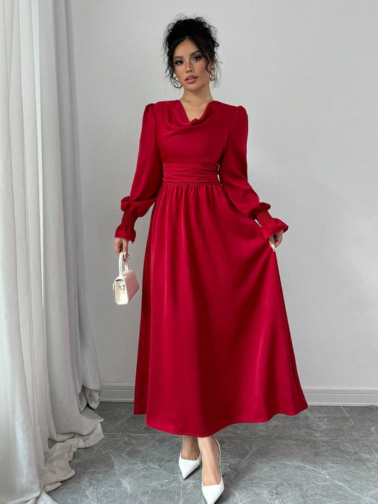 Elenzya Solid Color Pleated Waist Swing Dress With Long Sleeves - WestLine Apparel