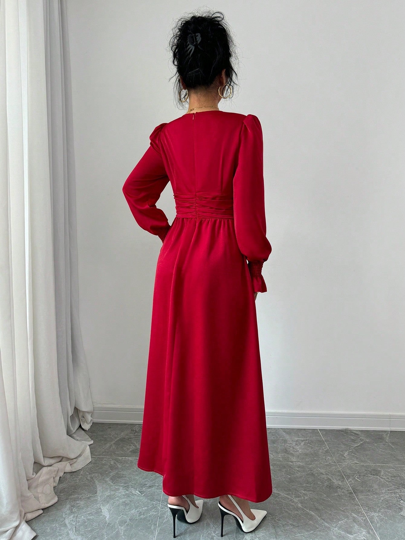 Elenzya Solid Color Pleated Waist Swing Dress With Long Sleeves - WestLine Apparel