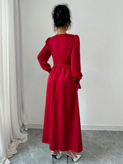 Elenzya Solid Color Pleated Waist Swing Dress With Long Sleeves - WestLine Apparel