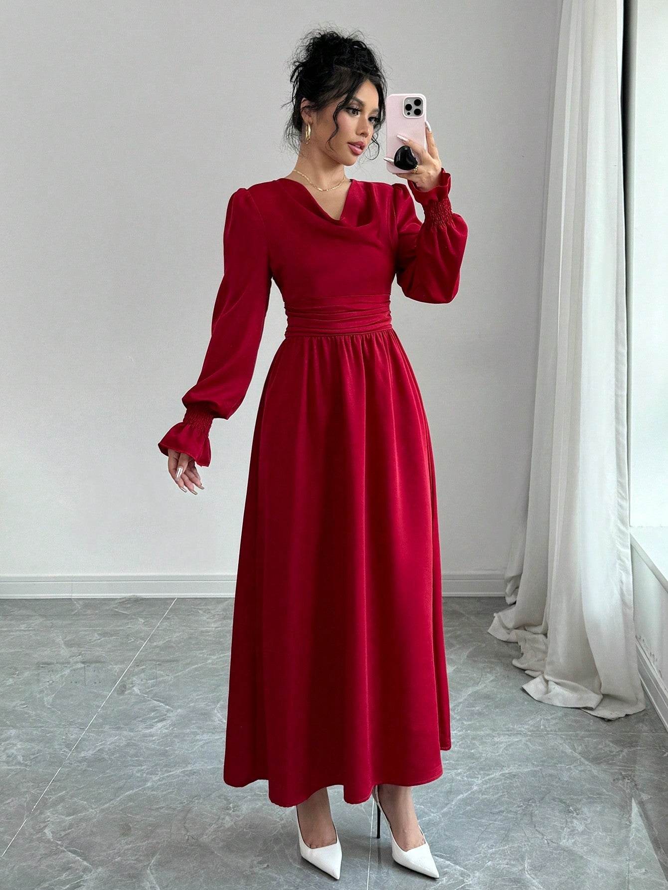 Elenzya Solid Color Pleated Waist Swing Dress With Long Sleeves - WestLine Apparel