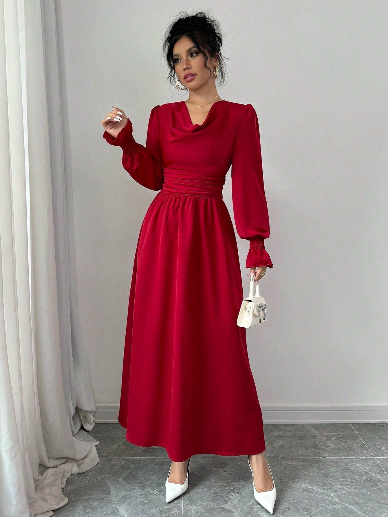 Elenzya Solid Color Pleated Waist Swing Dress With Long Sleeves - WestLine Apparel