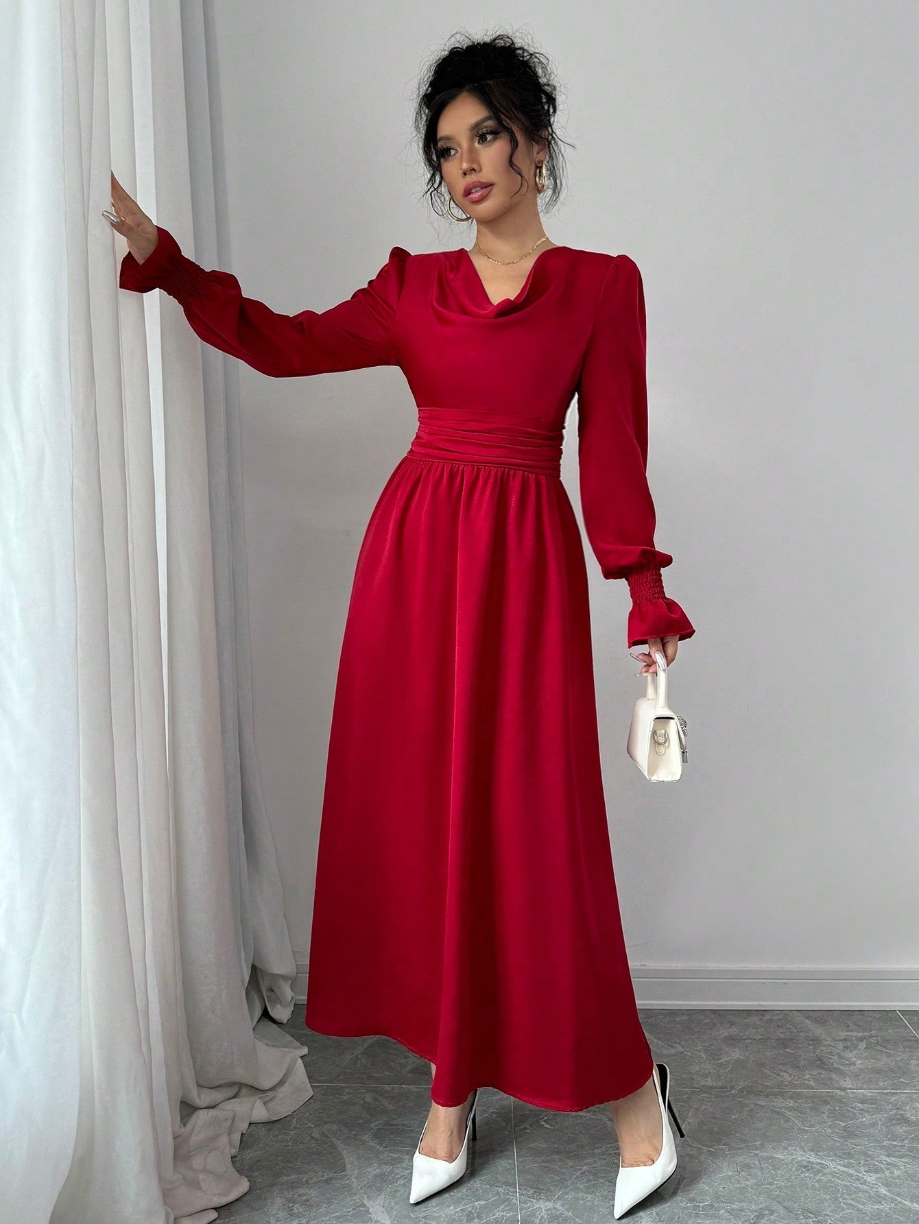 Elenzya Solid Color Pleated Waist Swing Dress With Long Sleeves - WestLine Apparel