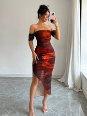 Elenzya Women's Elegant Shibori Print Off-Shoulder Bodycon Dress With Pleats And Side Slit, Summer - WestLine Apparel